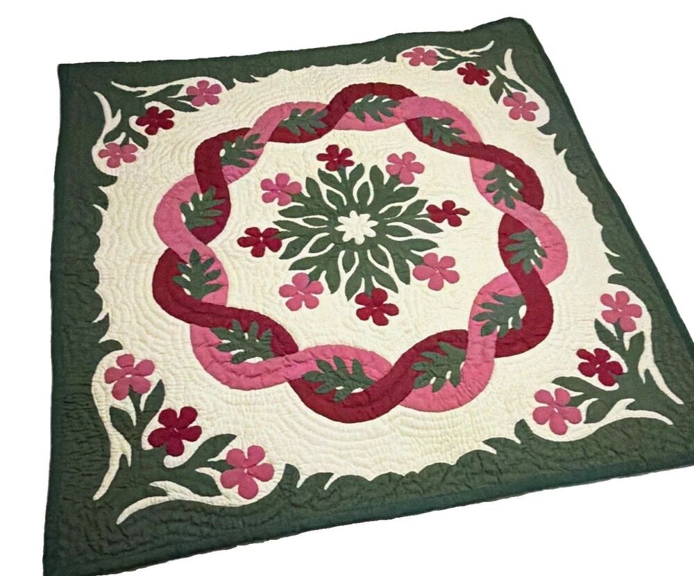 Vintage Cornolum Commercial Inc. Handmade Applique Wall Floral Quilt 35x35"